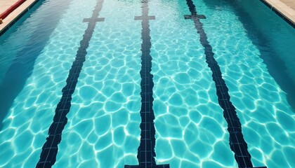 Obraz premium Clear turquoise swimming pool water features black lane markings, gentle ripples. Sunlight creates dynamic patterns on clean pool surface, perfect for themes of summer recreation, competitive sport,