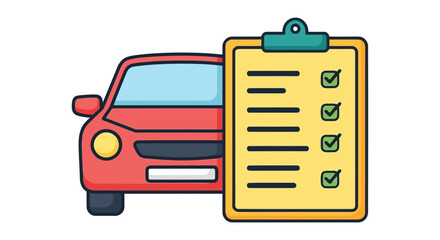 Vector art of a red car is parked next to a yellow clipboard with a completed checklist and several green checkmarks