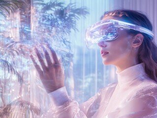 Futuristic woman engaging with augmented reality interface in a high-tech environment