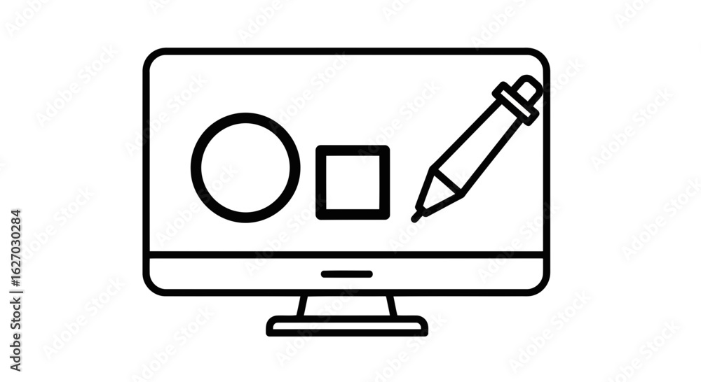 Fototapete vector art of a computer monitor displays a circle and a square, with a digital drawing tool poised 