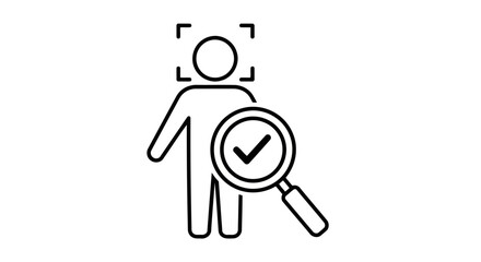 Vector art of a person icon with a magnifying glass and a checkmark, symbolizing verification and search