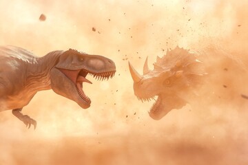 Epic dinosaur battle: tyrannosaurus rex vs triceratops in dynamic desert clash