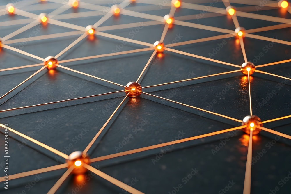Poster futuristic mesh of interconnected points with illuminated spheres and lines depicting advanced data 