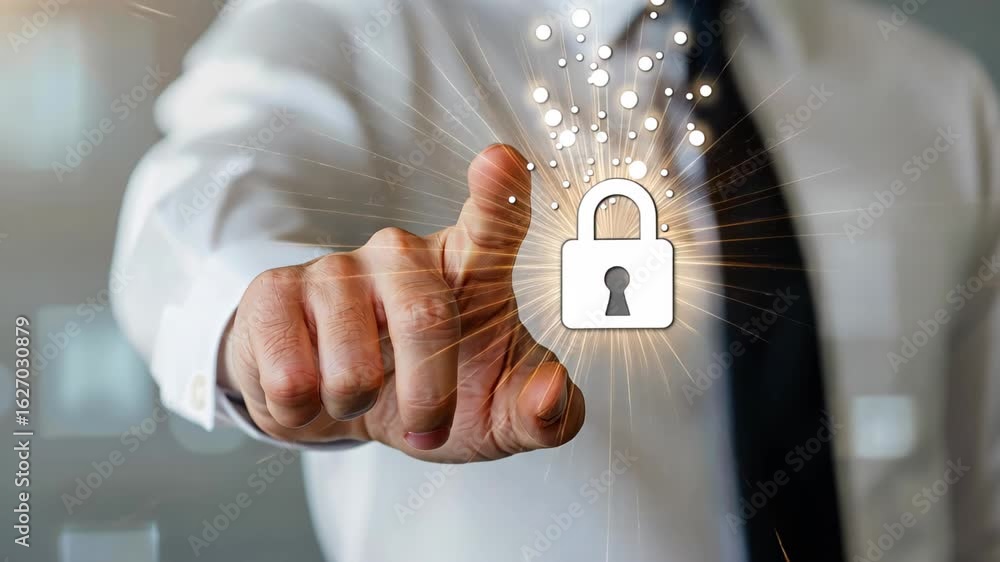 Poster digital security at your fingertips: a close-up captures a professional, focused on a digitally rend