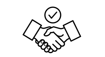 Vector art of a simple line art icon depicting a handshake with a checkmark in a circle above, symbolizing agreement and successful business dealings