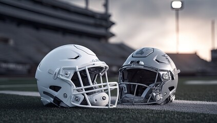 Fototapeta premium Two football helmets, white and gray, on a stadium field at sunset