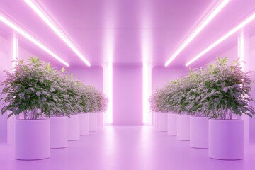 Futuristic indoor vertical farming facility with led lighting and greenery