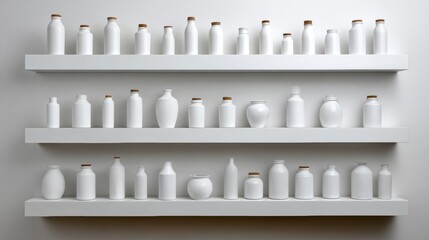 White minimalist shelf filled with identical bottles on clean wall for branding display skincare packaging design product scene