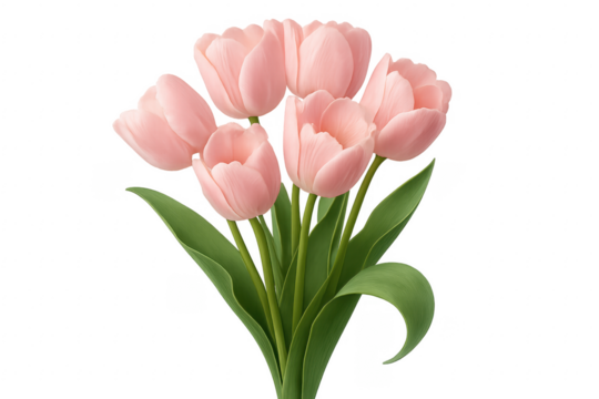 Bouquet of pink tulips with green leaves on a transparent background