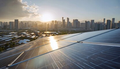 Fototapeta premium Rooftop solar panels, city skyline at sunset