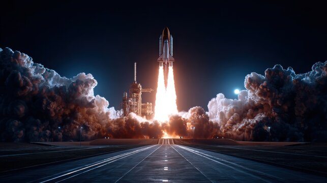 Futuristic rocket launches into space with fiery flames and smoke under a night sky, showcasing technological advancement and exploration.