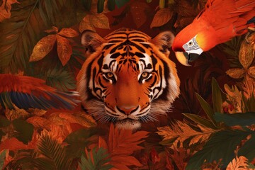 Vibrant maximalism wildlife collage featuring tiger and parrot amidst lush foliage