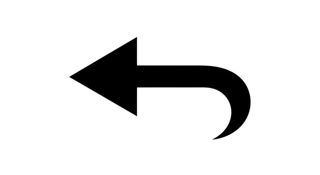 Vector art of a bold black arrow curves to the left, isolated on a clean white background, representing direction and return