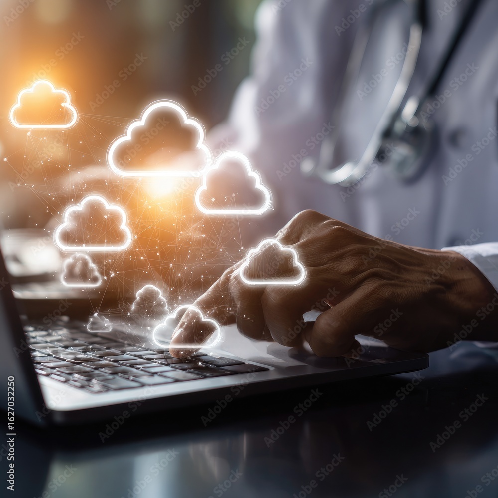 Poster doctor using laptop with cloud computing overlay