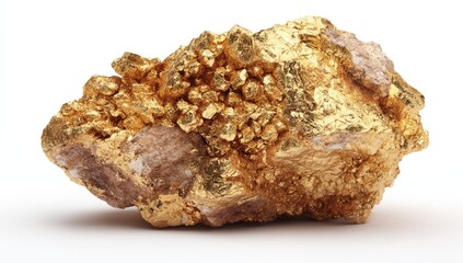 Gold nugget cluster on white background