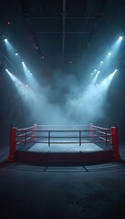 Naklejka na ściany i meble Boxing ring in dimly lit room with red fence. Dusty floor adds to sense of neglect. Boxing ring center of attention. Low lighting casts soft glow on ring details.