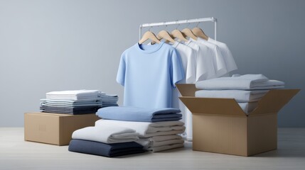 Folded clothes with shirt on hanger for ecommerce fashion branding laundry product packaging delivery retail concept visual design