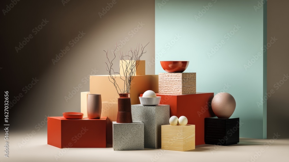 Poster contemporary display of various packaging blocks and ceramic items on soft background for branding c
