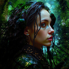 Dark female with dreadlocks and birds in a 360 degree forest