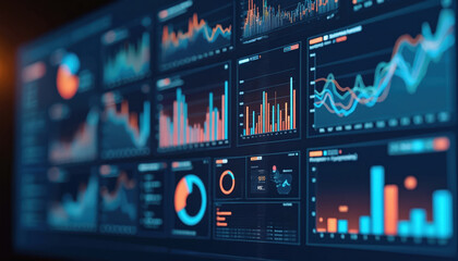 Digital dashboard displays financial data, graphs, charts, infographics. Virtual interface showcases business analytics, economic trends, investment progress on dark blue background with bokeh.