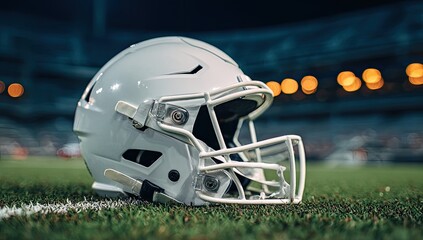 Fototapeta premium White football helmet on a grassy field at night