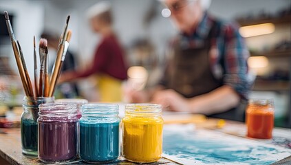 Paint jars and brushes in an art studio