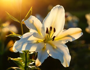 Fototapeta premium morning sunlight illuminates a white lily flower after dyeing