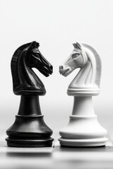 Black and white chess knight pieces facing each other on a board, symbolizing rivalry, decision-making, and mental strategy