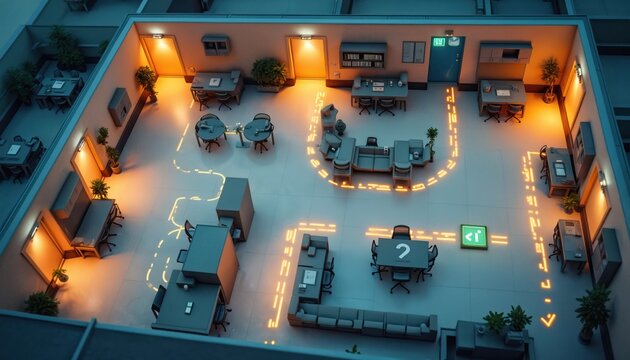 Overhead view of office space with illuminated evacuation floor plan. Safety routes, emergency exits clearly marked with glowing lines for effective navigation. Building layout includes furniture,
