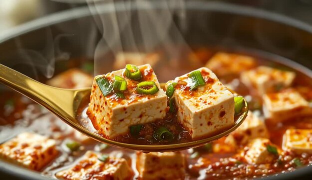 A golden spoon holds two cubes of steaming Mapo Tofu, rich with spicy red sauce and green onions, captured in a dynamic close-up.