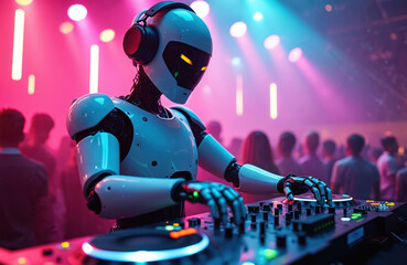 Robot DJ plays music in crowded nightclub with neon lights. Futuristic entertainment features artificial intelligence mixing tracks for energetic party atmosphere. Machine performance creates vibrant