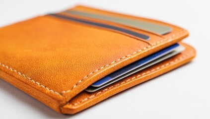 Close-up of a tan leather wallet with credit cards