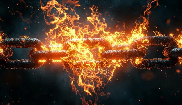 dramatic chains breaking apart in slow motion, fire erupting from the cracks, divine light shining through the broken links, hyper-realistic, cinematic lighting, dark stormy background