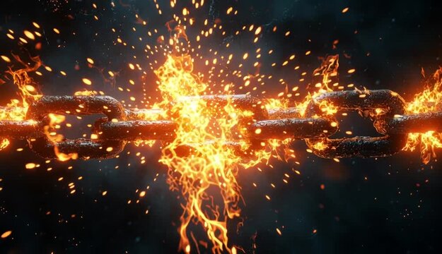 dramatic chains breaking apart in slow motion, fire erupting from the cracks, divine light shining through the broken links, hyper-realistic, cinematic lighting, dark stormy background