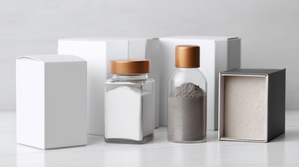 Modern skincare jars and boxes on white surface for cosmetic packaging product branding photography design scene