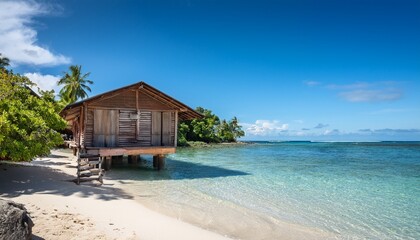 a quaint rustic wooden cabin nestled on the sandy shore of a serene island surrounded by lush greenery and gently lapping waves under a clear blue sky