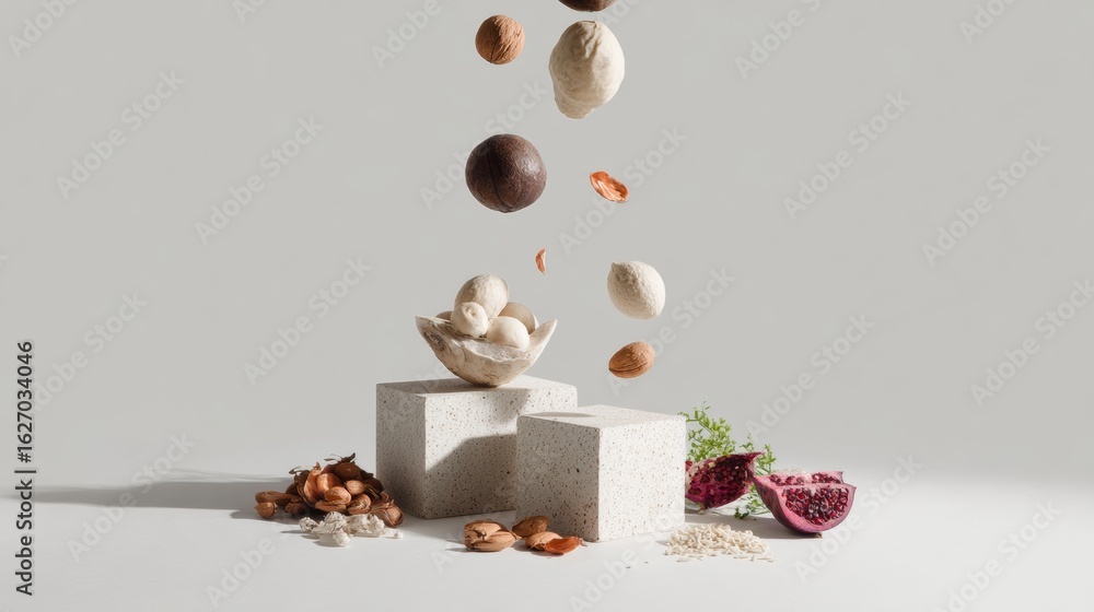 Poster floating nuts and blocks in minimal composition for abstract healthy food branding photography produ