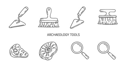Archaeology Tools Outline Trowels, Brushes, Fossils and Magnifying Glasses in Line Art © omar bonyan