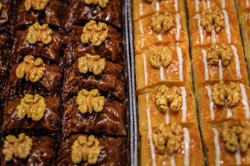Traditional Turkish dessert, fresh walnut baklava at a shop in Istanbul, Turkey