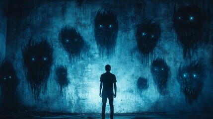 A mysterious male figure stands facing eerie unsettling shadows cast upon the wall delving deep undiscovered realms of fear and darkness that provoke curiosity and tension in the spectators experience