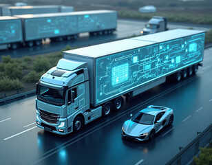 Modern semi-truck with futuristic digital interface on its trailer drives on highway. Blue glowing circuits connect components on the truck cargo. Smart logistics and transportation technology.
