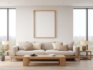 Modern, minimalist living room with light beige couch and wooden accents
