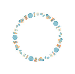 Flat round frame with gym and fitness equipment. Colorful workout tools and exercise accessories form a circular design. Healthy sport concept, minimal layout, great for lifestyle or training themes,