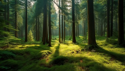 Obraz premium a dense forest of tall green pine trees with a mix of evergreen and deciduous trees with a mix of sunlight and shadows creating a vibrant and lush green forest floor