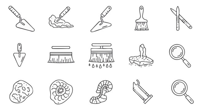 Archaeology Icons Trowels, Brushes, Fossils, and Magnifying Glasses for Exploration and Discovery