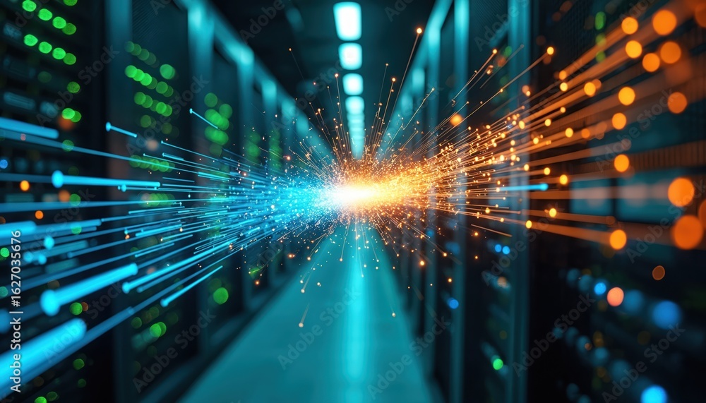 Poster modern data center illuminated by glowing blue, green lights. dynamic data streams flow with orange,