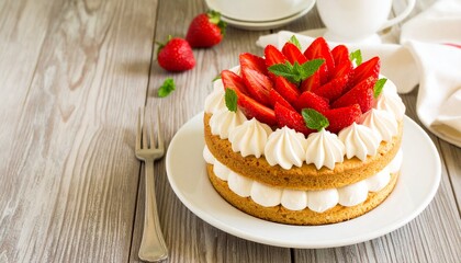Tres Leches Cake with Whipped Cream and Strawberries. Traditional Mexican Food 