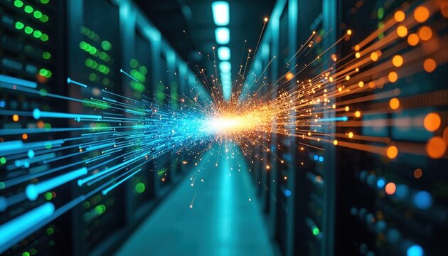 Modern data center illuminated by glowing blue, green lights. Dynamic data streams flow with orange, blue particles, representing high-speed information transfer. Futuristic cyberspace atmosphere