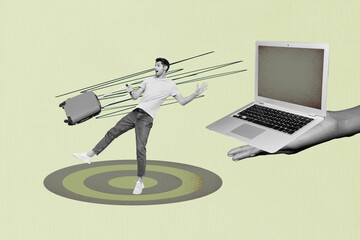 Image abstract collage of person hold luggage big target with netbook screen on green background