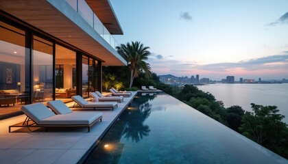 Fototapeta premium Modern luxury villa with infinity pool at sunset offers panoramic city views, rich plants. Outdoor living space features contemporary design with elegant lounging furniture, creating serene vacation